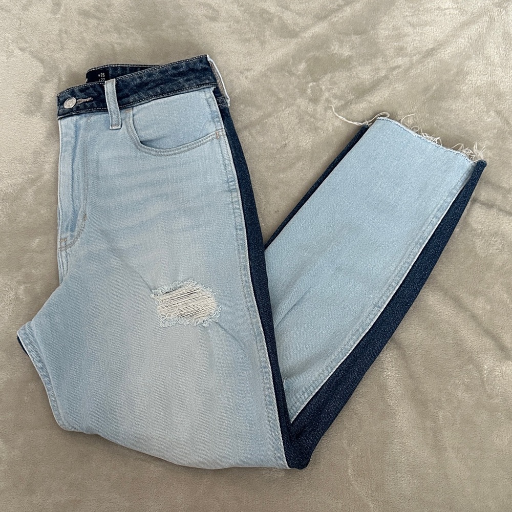 Hollister Two-Tone Light Front Dark Back Ripped High Rise Mom Jean